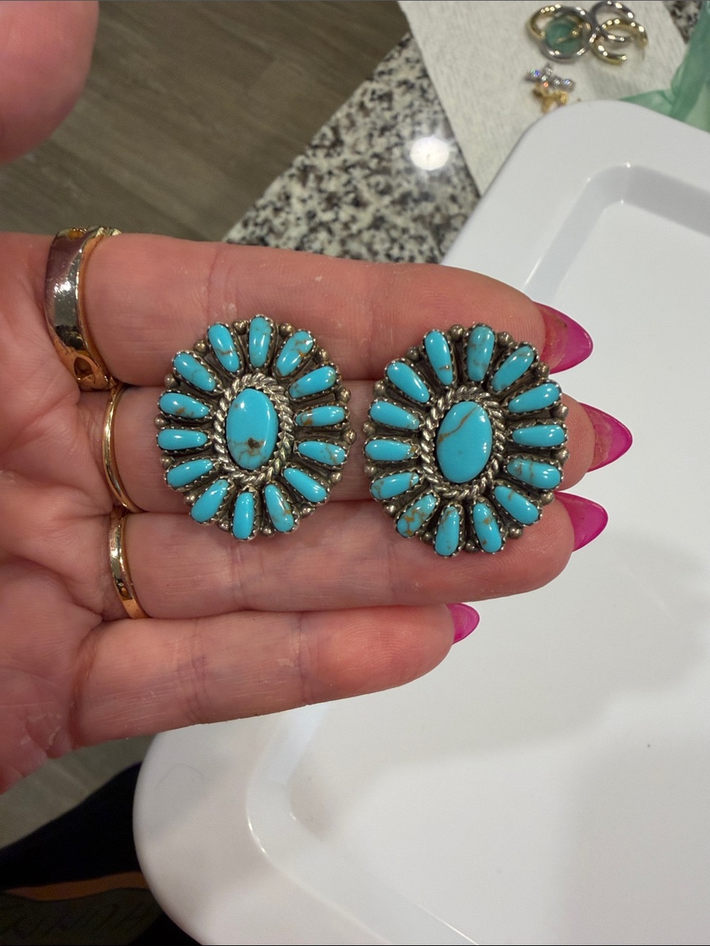 Sterling Silver and genuine Bright Turquoise Sunburst Cluster Earrings